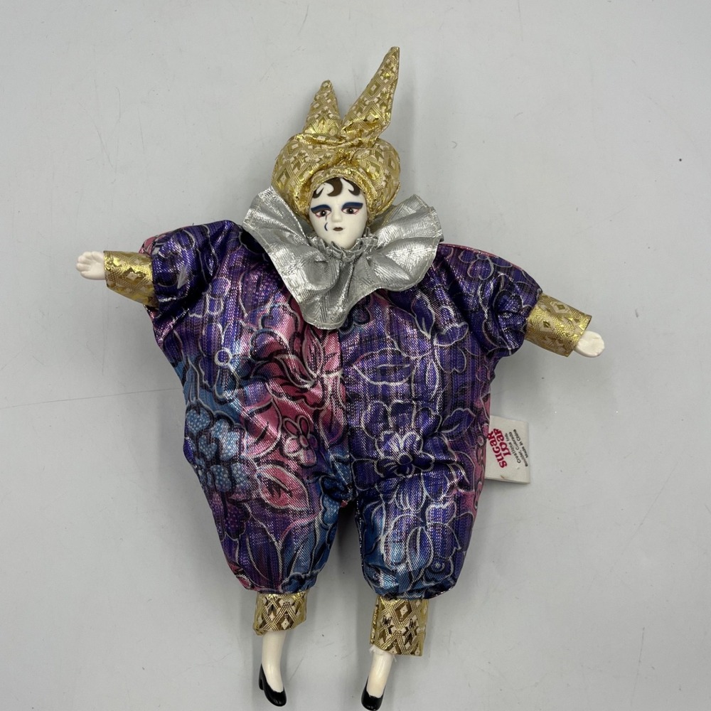Vintage 1998 Sugar Loaf Porcelain Pierrot Clown Doll Purple Gold Harlequin 9"